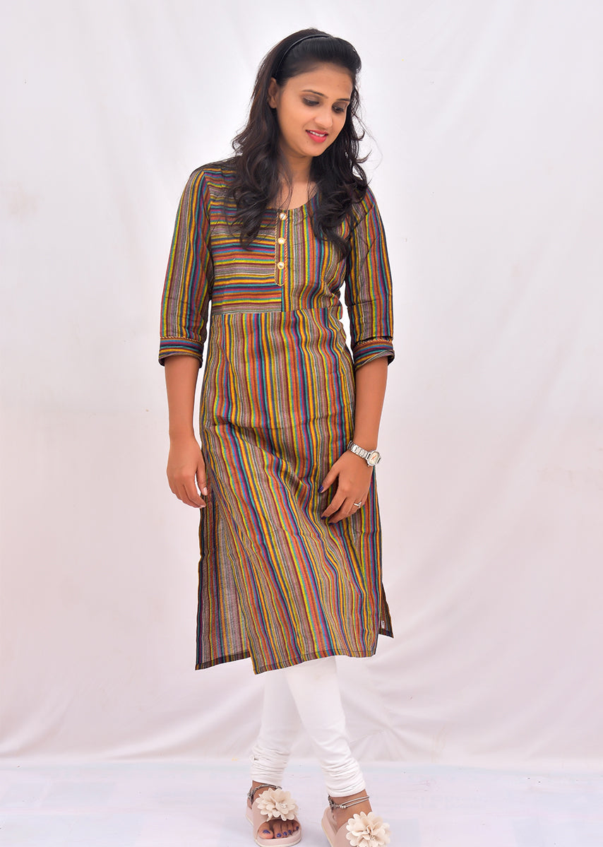 Green Stripped Embroidered Straight Kurti
